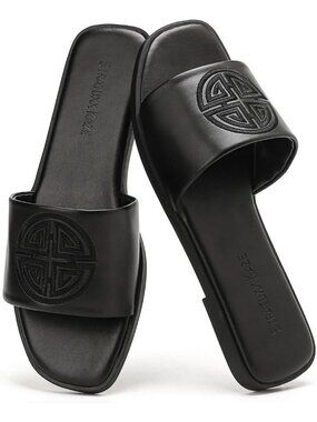 Women's Black Soft Faux Leather Slides Flat With Memory Foam Comfortable Shoes